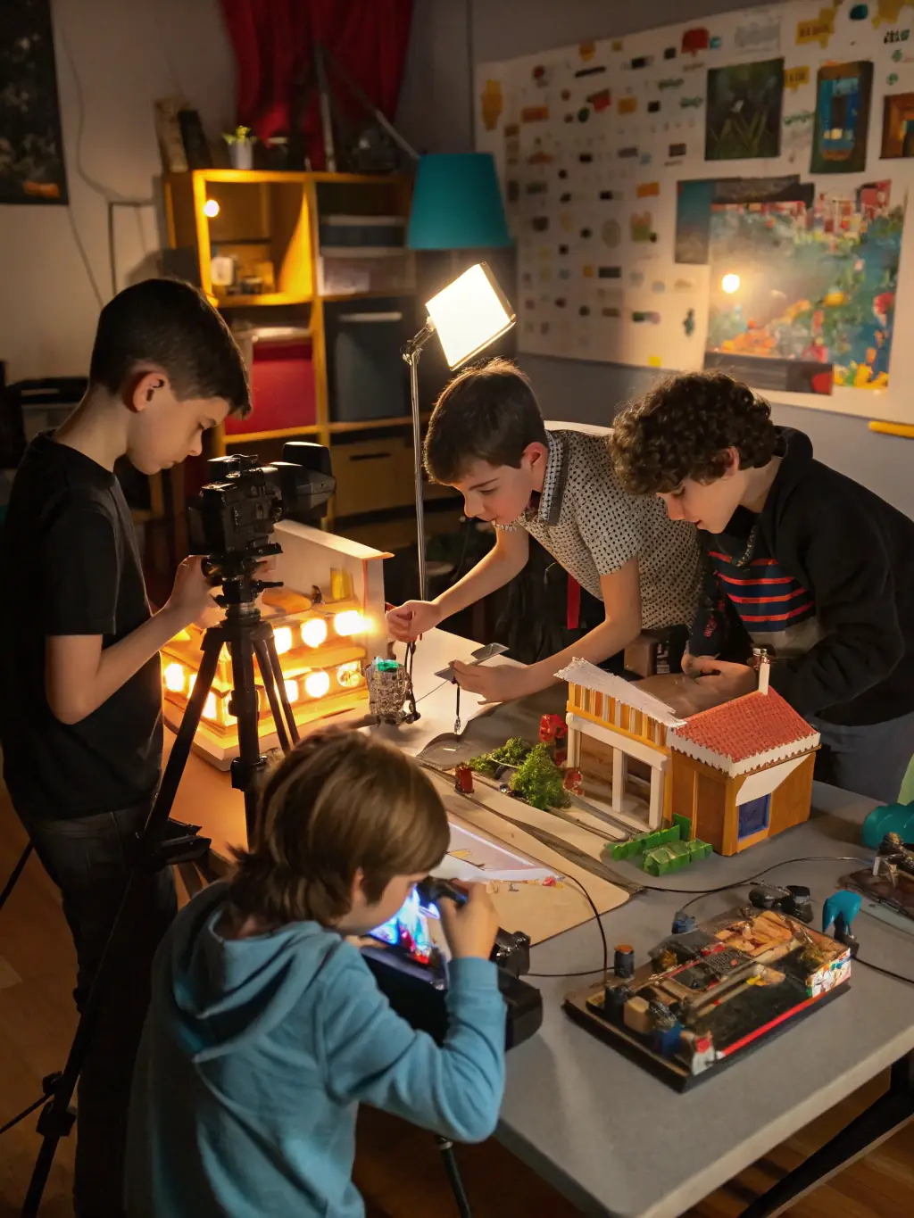 A group of children enthusiastically participating in an animation workshop, creating stop-motion films with clay figures and digital cameras, set in a brightly lit classroom at ASCL.