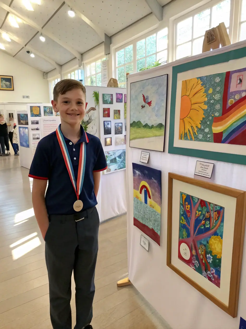 A diverse group of students showcasing their artwork in an exhibition, featuring paintings, sculptures, and digital art, with proud parents and instructors admiring their creations at ASCL.