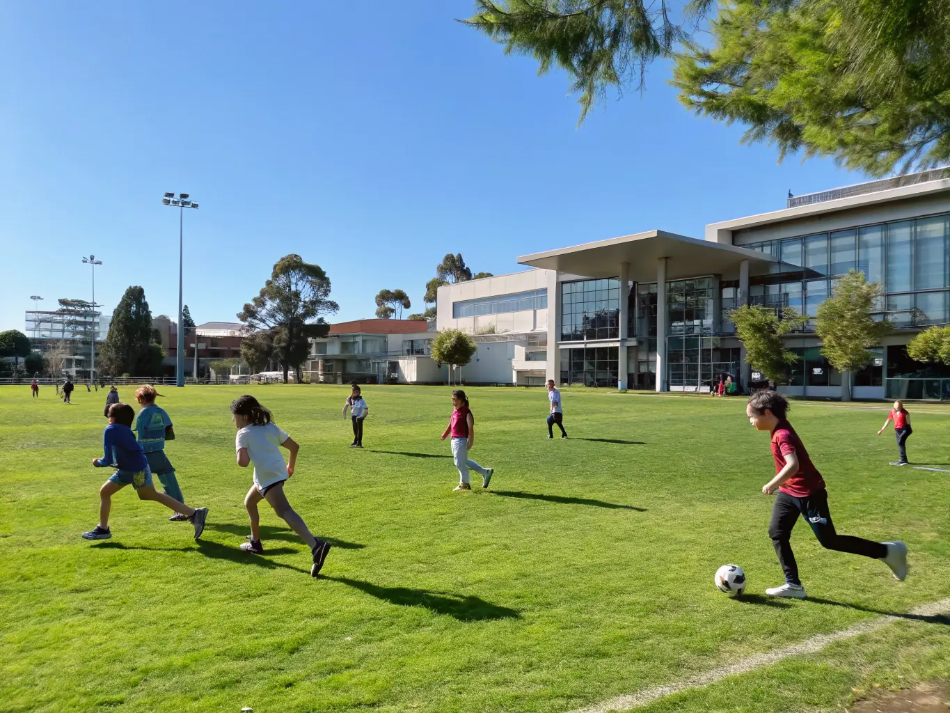 A dynamic image of students participating in a sports camp, demonstrating physical activity and teamwork.