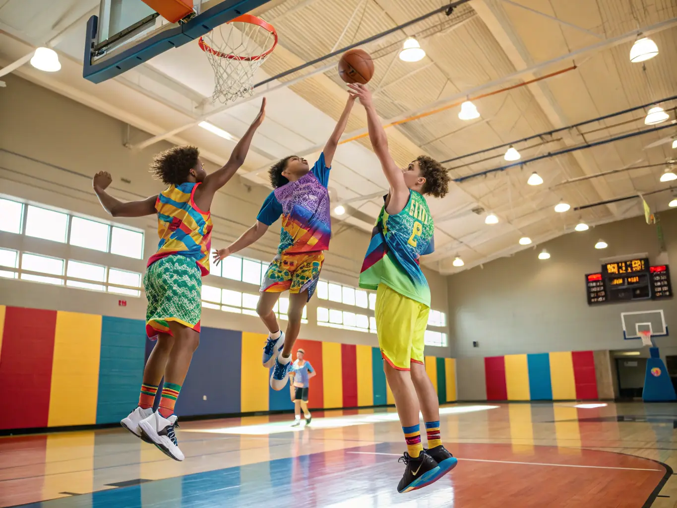 A group of young athletes participating in a basketball training session at the ASCL, focusing on teamwork and skill development.