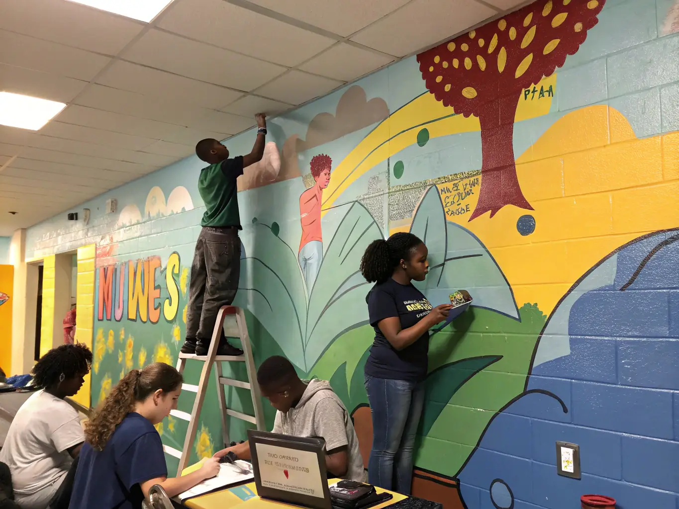 A group of students collaboratively painting a large mural, showcasing teamwork and artistic expression within ASCL.