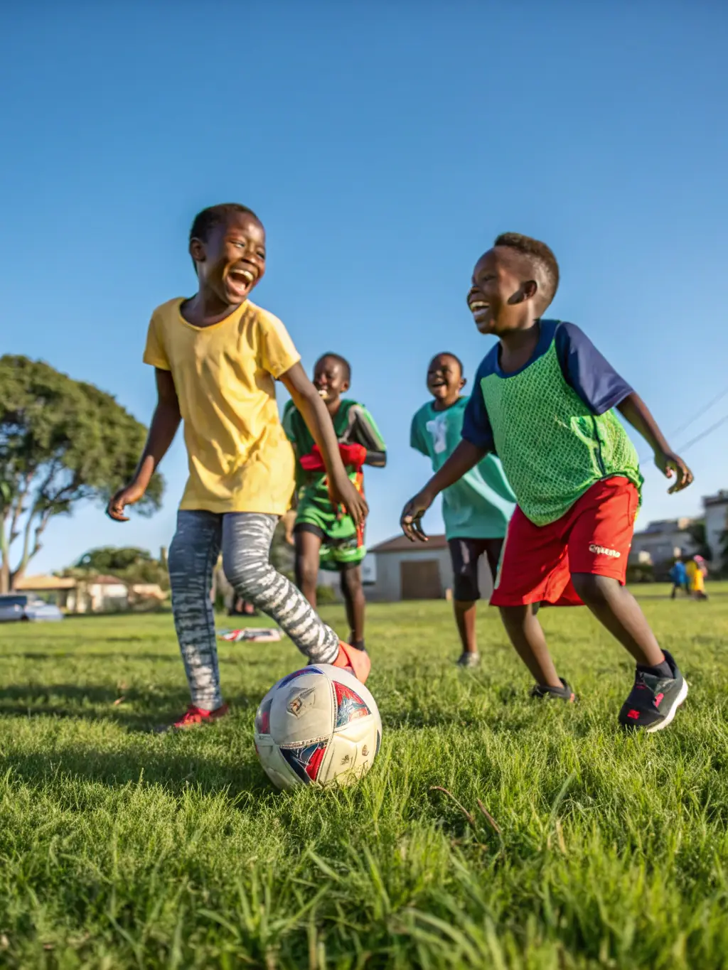 A lively scene from a sports camp, featuring children playing various sports, engaging in team-building exercises, and enjoying outdoor activities under the supervision of experienced coaches at ASCL.
